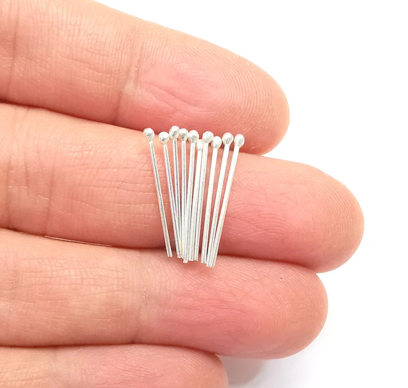 10 Sterling Silver Ball Head Pins, 0.8'', 24ga (Length 0.8 inch- 20mm) (2'', 24ga0,7mm - 21 Gauge) 10 Pcs 925 Silver Ball Head Pin G30037