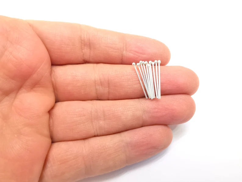 10 Sterling Silver Ball Head Pins, 0.8'', 24ga (Length 0.8 inch- 20mm) (2'', 24ga0,7mm - 21 Gauge) 10 Pcs 925 Silver Ball Head Pin G30037
