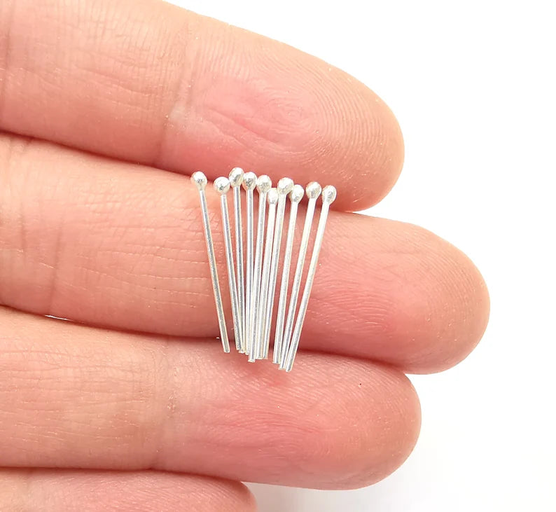 10 Sterling Silver Ball Head Pins, 0.8'', 24ga (Length 0.8 inch- 20mm) (2'', 24ga0,7mm - 21 Gauge) 10 Pcs 925 Silver Ball Head Pin G30037