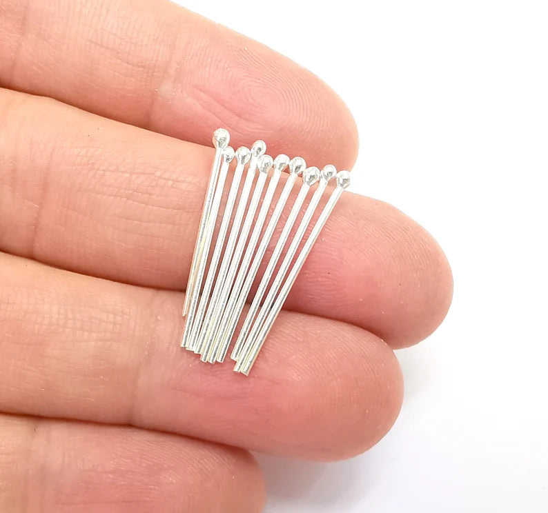 10 Sterling Silver Ball Head Pins 1'', 18ga (Length 1 inch- 25mm) (Thickness 1mm - 18 Gauge) 925 Silver Ball Head pin Findings G30220