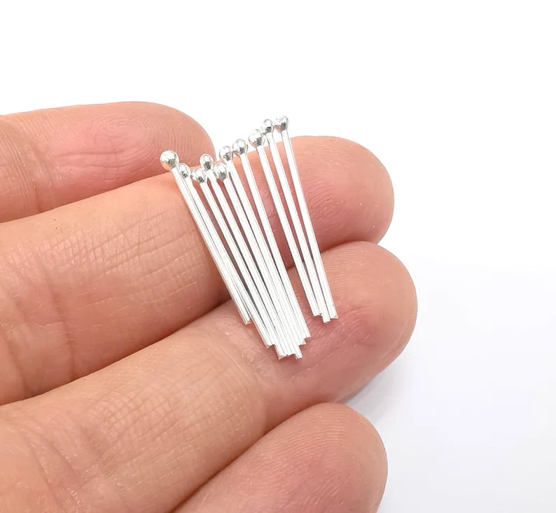 10 Sterling Silver Ball Head Pins 1'', 18ga (Length 1 inch- 25mm) (Thickness 1mm - 18 Gauge) 925 Silver Ball Head pin Findings G30220