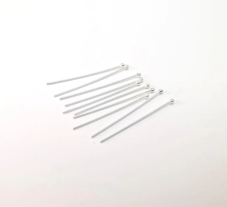 10Pcs Sterling Silver Ball Head Pins 1.2'', 21ga (Length 1.2 inch -30mm) (Thickness 0,7mm - 21 Gauge) 925 Solid Silver Ball Head pin G30092