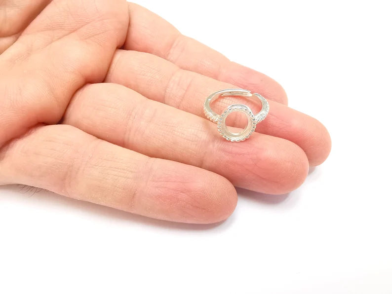 Sterling Silver Ring Blank Bezel 925 Silver Ring Setting Solid Silver Ring Cabochon Mounting Adjustable Ring Base (10x8mm round) G30151