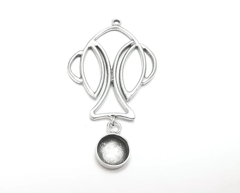 Fish Dangle Pendant Base Setting Bezel Blank Antique Silver Plated Brass Pendant (73x38mm)(12mm blank) G27422