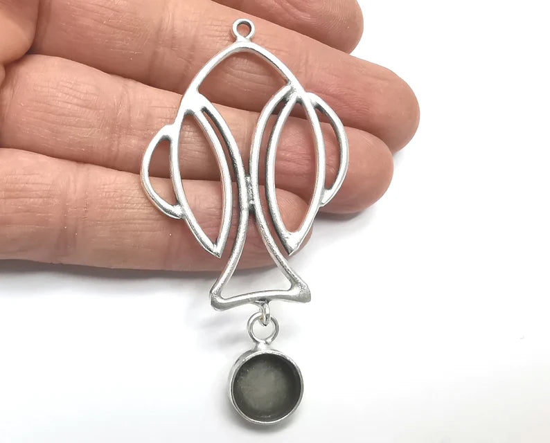Fish Dangle Pendant Base Setting Bezel Blank Antique Silver Plated Brass Pendant (73x38mm)(12mm blank) G27422
