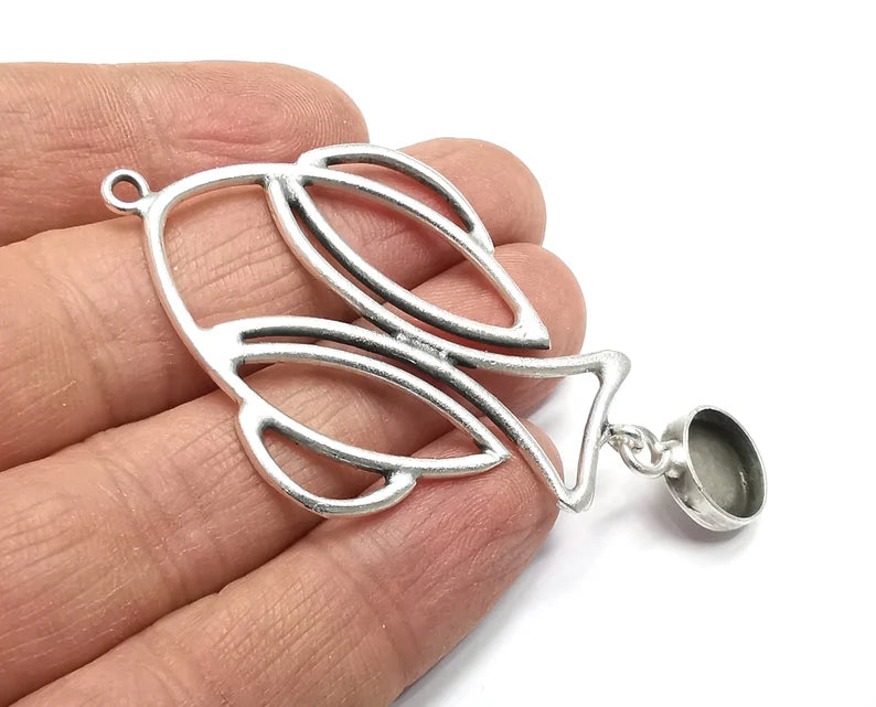 Fish Dangle Pendant Base Setting Bezel Blank Antique Silver Plated Brass Pendant (73x38mm)(12mm blank) G27422