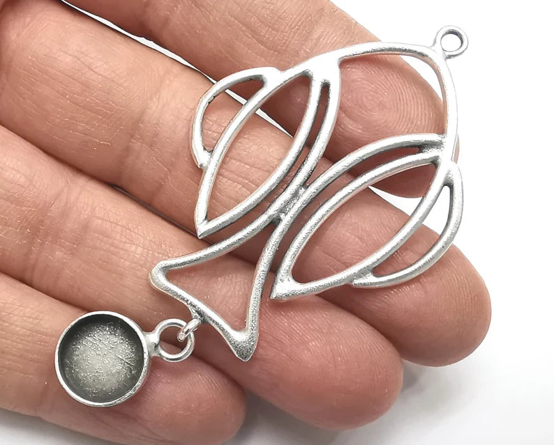 Fish Dangle Pendant Base Setting Bezel Blank Antique Silver Plated Brass Pendant (73x38mm)(12mm blank) G27422