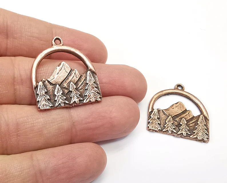 2 Mountain Landscape Pine Tree Pendant Charms Antique Copper Plated Pendant (29x26mm) G27429