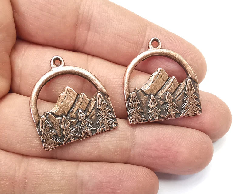 2 Mountain Landscape Pine Tree Pendant Charms Antique Copper Plated Pendant (29x26mm) G27429