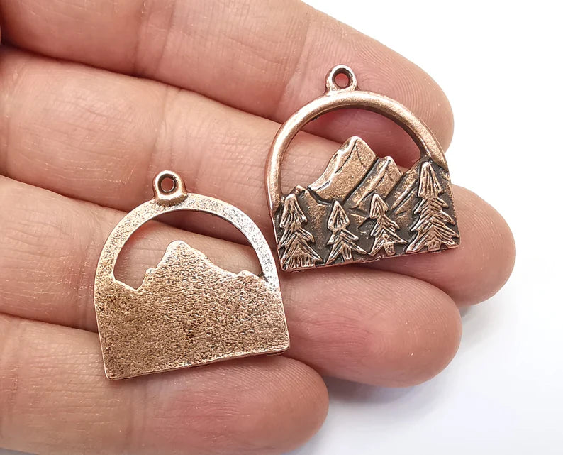 2 Mountain Landscape Pine Tree Pendant Charms Antique Copper Plated Pendant (29x26mm) G27429