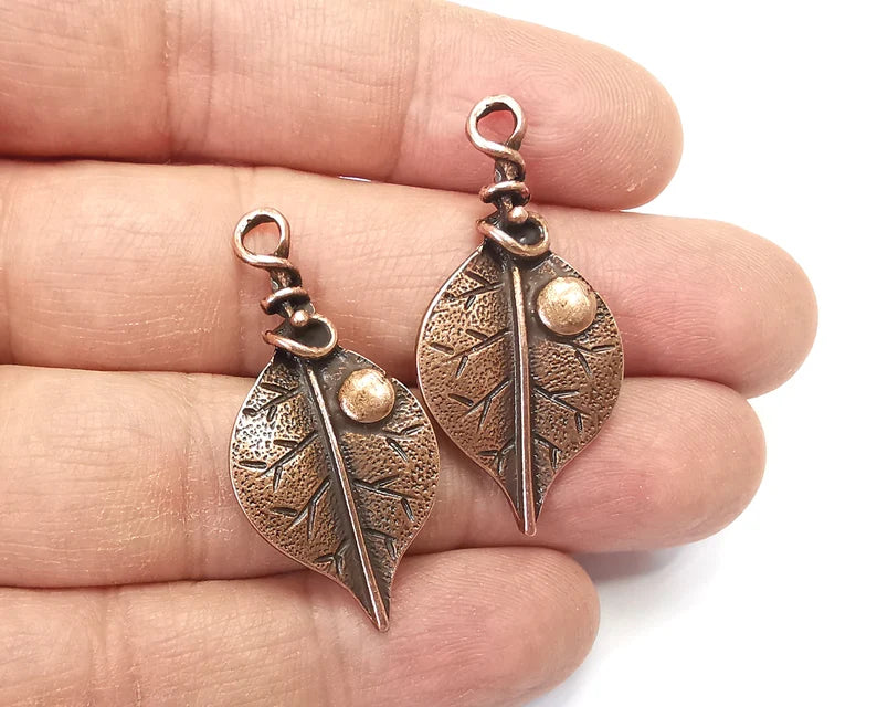 2 Leaf Charms, Dew Grain Charms, Antique Copper Plated Charms (40x19mm) G27435