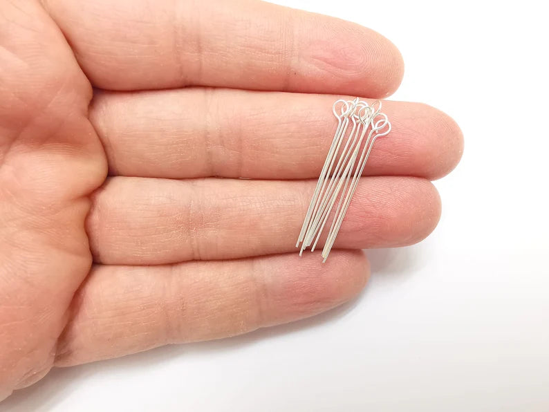 10 Pcs Sterling Silver Loop Head Pins 1.5'', 24ga (1.5 inch - 30mm) (Thickness 0,5mm - 24 Gauge) 925 Solid Silver Eye Pins G30198