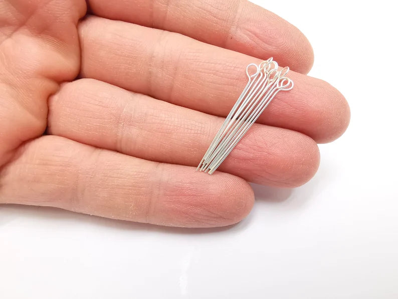 10 Pcs Sterling Silver Loop Head Pins 1.5'', 24ga (1.5 inch - 30mm) (Thickness 0,5mm - 24 Gauge) 925 Solid Silver Eye Pins G30198