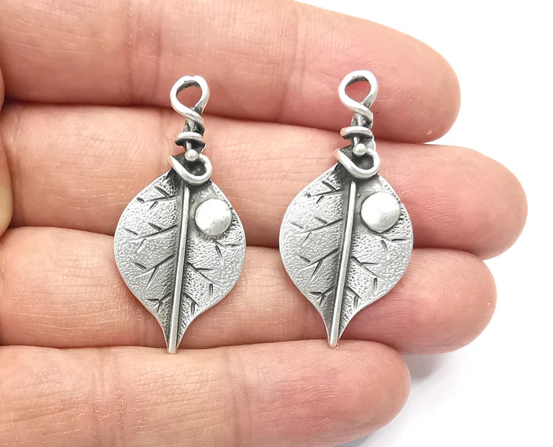 Leaf Charms, Dew Grain Charms Antique Silver Plated Charms (39x19mm) G27444