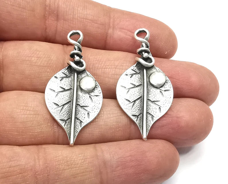 Leaf Charms, Dew Grain Charms Antique Silver Plated Charms (39x19mm) G27444