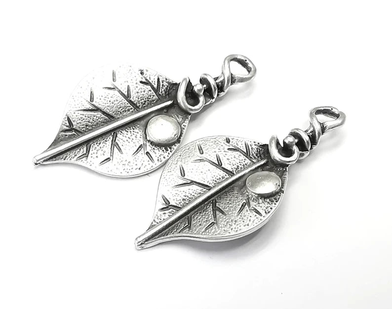 Leaf Charms, Dew Grain Charms Antique Silver Plated Charms (39x19mm) G27444