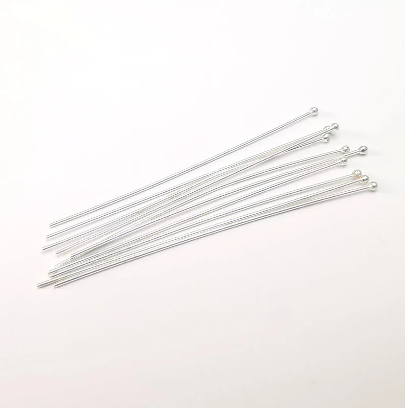 10Pcs Sterling Silver Ball Head Pin, 2'', 24ga Long Pin (2 inch- 50mm) (Thickness 0.5mm - 24 Gauge) 925 Solid Silver Ball Head pin G30027