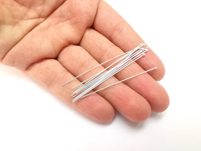 10Pcs Sterling Silver Ball Head Pin, 2'', 24ga Long Pin (2 inch- 50mm) (Thickness 0.5mm - 24 Gauge) 925 Solid Silver Ball Head pin G30027