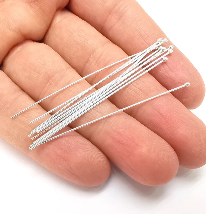 10Pcs Sterling Silver Ball Head Pin, 2'', 24ga Long Pin (2 inch- 50mm) (Thickness 0.5mm - 24 Gauge) 925 Solid Silver Ball Head pin G30027