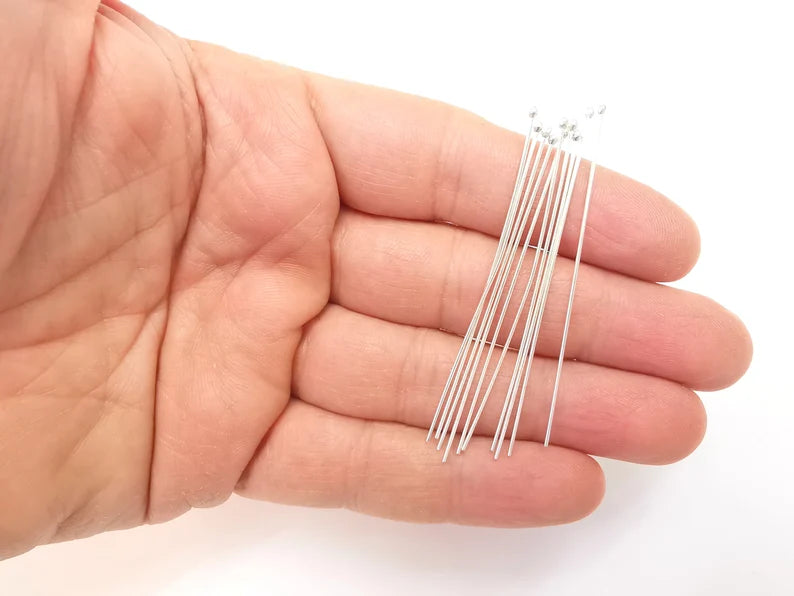 10Pcs Sterling Silver Ball Head Pin, 2'', 24ga Long Pin (2 inch- 50mm) (Thickness 0.5mm - 24 Gauge) 925 Solid Silver Ball Head pin G30027