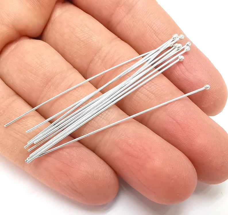 10Pcs Sterling Silver Ball Head Pin, 2'', 24ga Long Pin (2 inch- 50mm) (Thickness 0.5mm - 24 Gauge) 925 Solid Silver Ball Head pin G30027