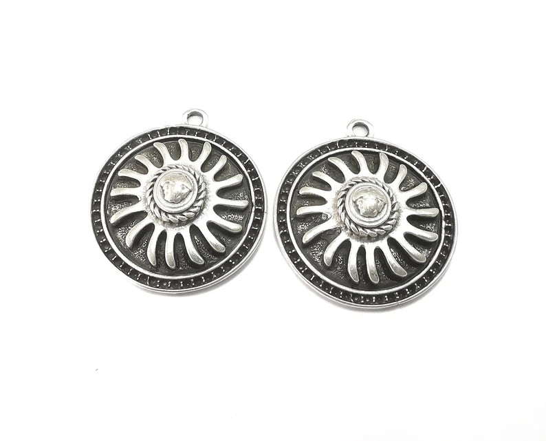 2 Ethnic Silver Charms Antique Silver Plated Charms (35x31mm) G27455