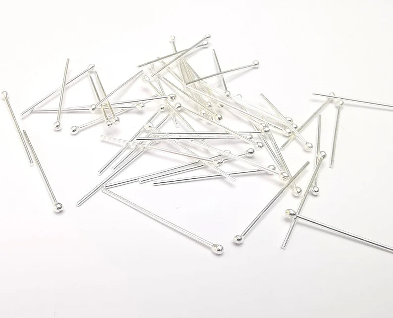 10 Pcs Sterling Silver Ball Head Pins 1'', 21ga (Length 1 inch - 30mm) (Thickness 0,7mm - 21 Gauge) 925 Solid Silver Ball Head pin G30206
