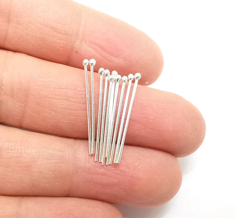 10 Pcs Sterling Silver Ball Head Pins 1'', 21ga (Length 1 inch - 30mm) (Thickness 0,7mm - 21 Gauge) 925 Solid Silver Ball Head pin G30206