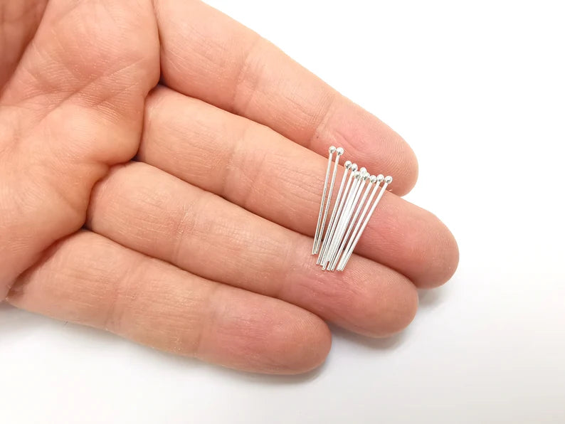 10 Pcs Sterling Silver Ball Head Pins 1'', 21ga (Length 1 inch - 30mm) (Thickness 0,7mm - 21 Gauge) 925 Solid Silver Ball Head pin G30206
