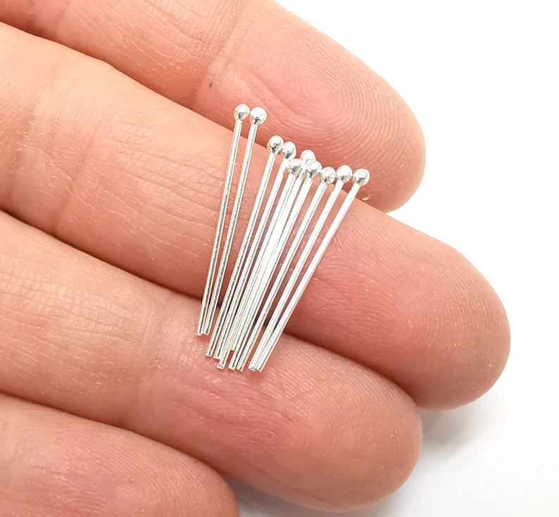 10 Pcs Sterling Silver Ball Head Pins 1'', 21ga (Length 1 inch - 30mm) (Thickness 0,7mm - 21 Gauge) 925 Solid Silver Ball Head pin G30206