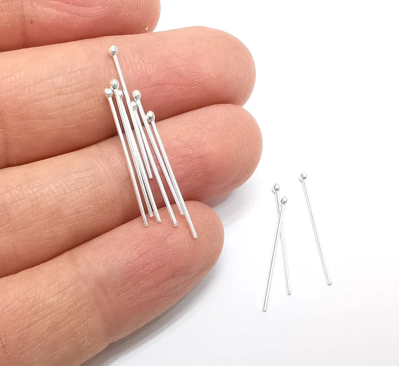 10 Pcs Sterling Silver Ball Head Pins 1'', 21ga (Length 1 inch - 30mm) (Thickness 0,7mm - 21 Gauge) 925 Solid Silver Ball Head pin G30206