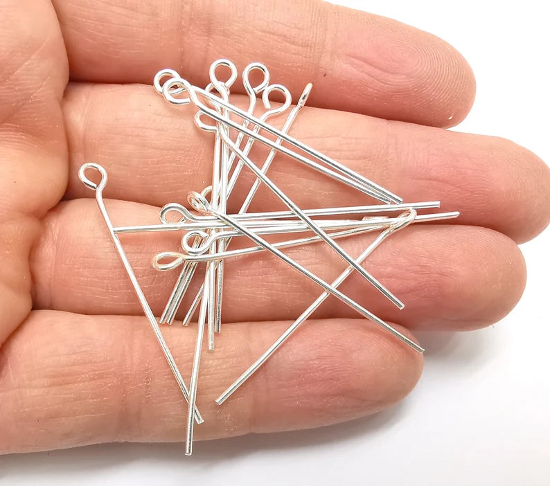 5 Pcs Sterling Silver Loop Head Pins, 1.6'', 18ga Long Pin (Length 1.6inch - 43mm) (Thickness 1 mm - 18 Gauge) 925 Solid Silver Eye Pins G30279