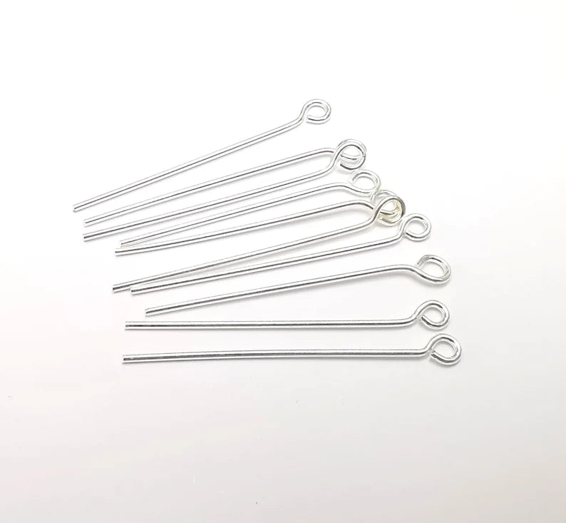 5 Pcs Sterling Silver Loop Head Pins, 1.6'', 18ga Long Pin (Length 1.6inch - 43mm) (Thickness 1 mm - 18 Gauge) 925 Solid Silver Eye Pins G30279
