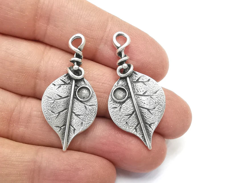 2 Leaf Charm, Antique Silver Plated Dangle Charms 40x19mm (4mm bezel) (Left - Right Set) G27460