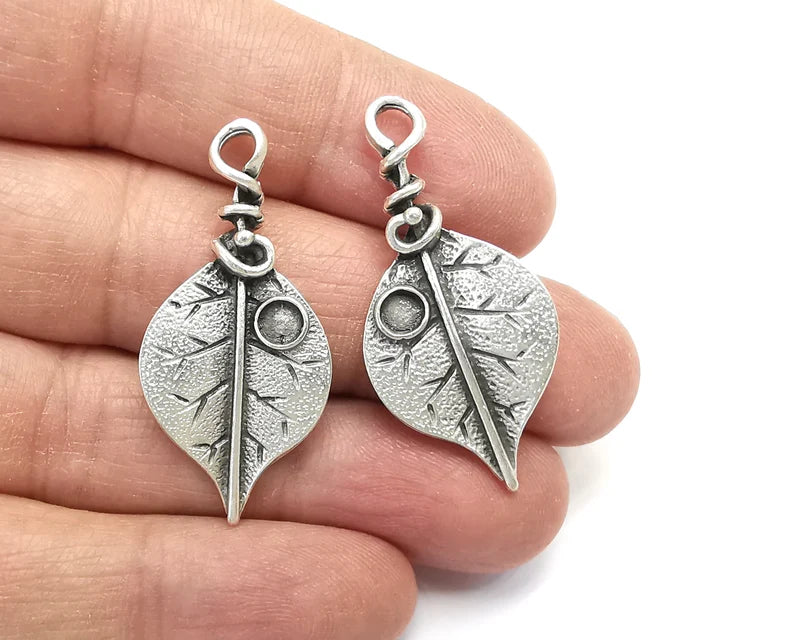 2 Leaf Charm, Antique Silver Plated Dangle Charms 40x19mm (4mm bezel) (Left - Right Set) G27460