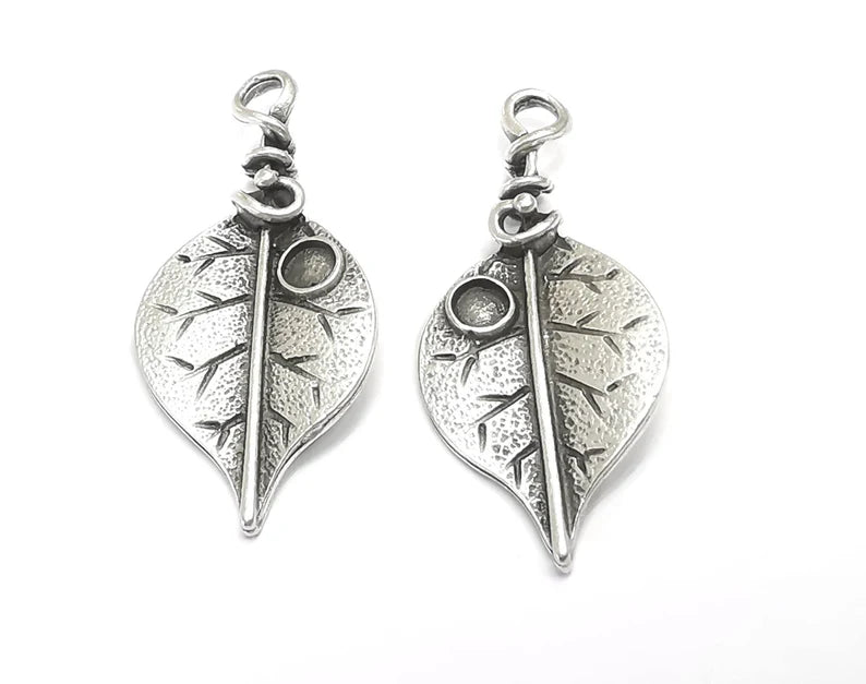 2 Leaf Charm, Antique Silver Plated Dangle Charms 40x19mm (4mm bezel) (Left - Right Set) G27460