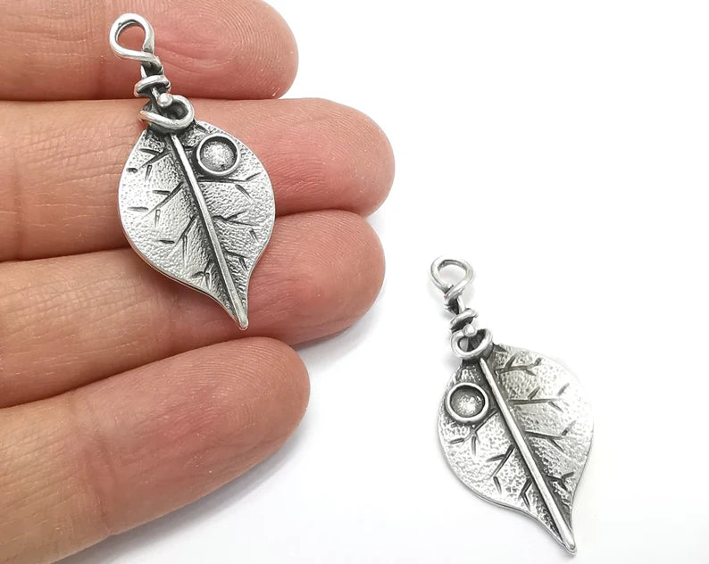 2 Leaf Charm, Antique Silver Plated Dangle Charms 40x19mm (4mm bezel) (Left - Right Set) G27460