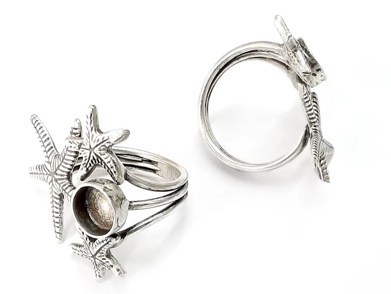 Starfish Blank Silver Ring Setting Cabochon Mounting Adjustable Ring Base Bezel Antique Silver Plated Brass (8 mm) G27601