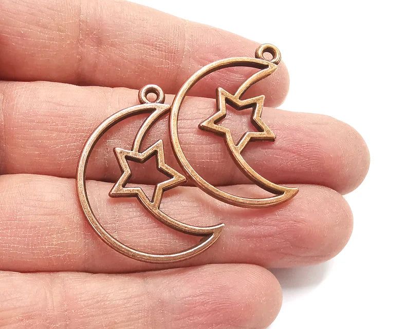 Crescent Moon Star Charms Antique Copper Plated Charms (35x24mm) G27602