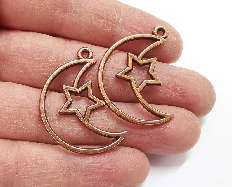 Crescent Moon Star Charms Antique Copper Plated Charms (35x24mm) G27602