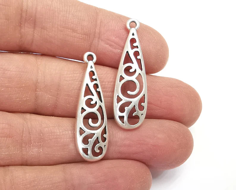 Drop Filigree Charms Antique Silver Plated Charm (34x10mm) G27620