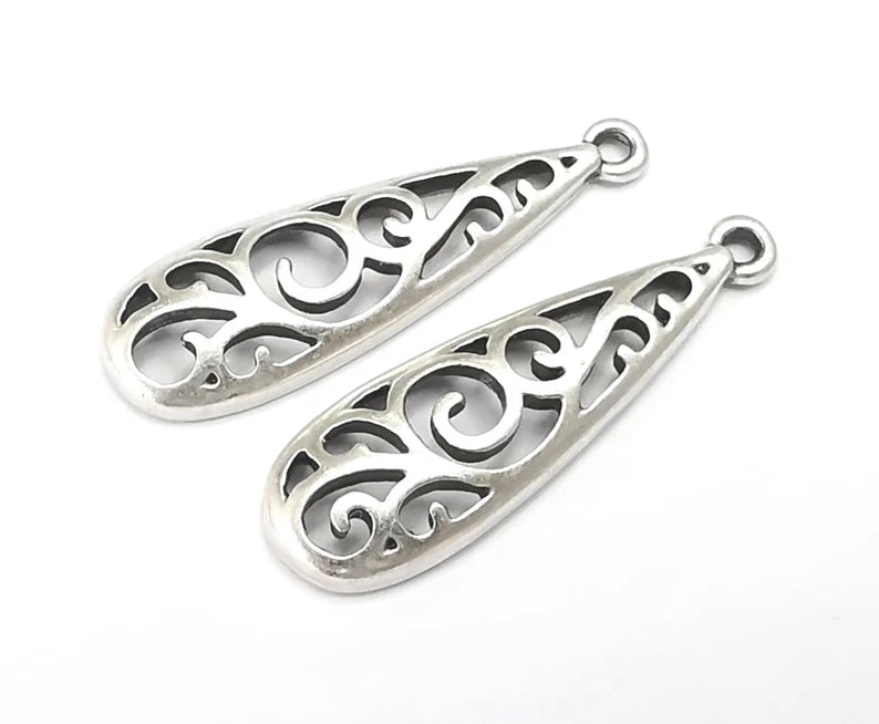 Drop Filigree Charms Antique Silver Plated Charm (34x10mm) G27620