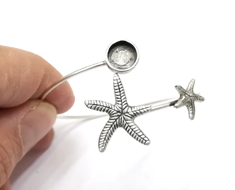 Starfish Silver Bracelet Brass Cuff Blank Bezel Glass Cabochon Base Adjustable Antique Silver Plated Brass (8mm blank) G27485