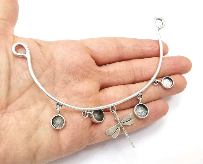 Dragonfly Silver Collar Pendant Connector Blank Bezel Settings Necklace Blank Antique Silver Plated Brass (8 and 10mm Blanks) G27486