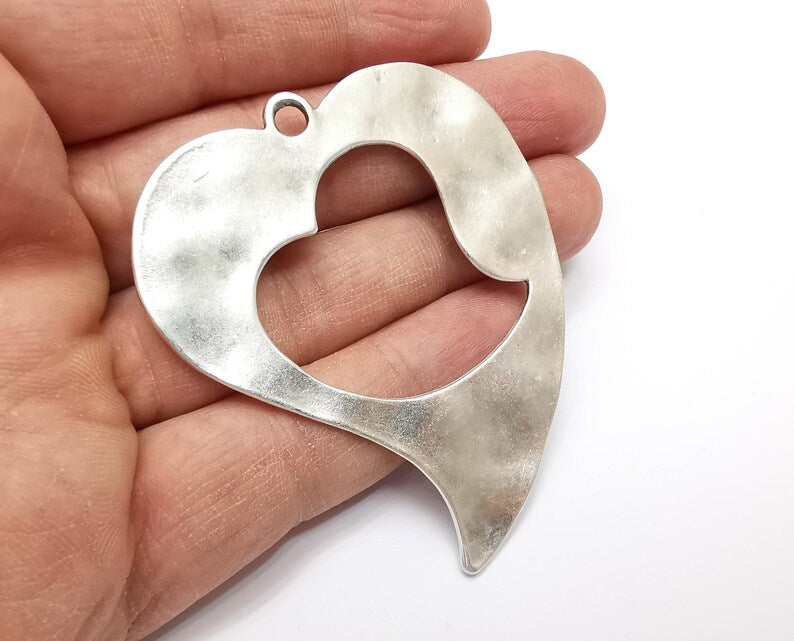 Hammered Hearts Pendant Antique Silver Plated Pendant (68x58mm) G27489