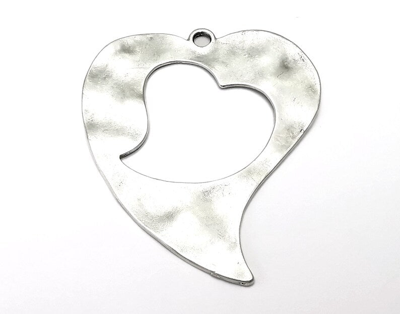 Hammered Hearts Pendant Antique Silver Plated Pendant (68x58mm) G27489