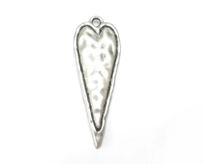 Hammered Long Heart (Double Sided) Pendant Antique Silver Plated Pendant (76x28mm) G27491