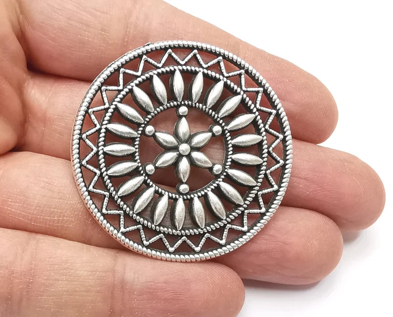 Flower Filigree Pendant Antique Silver Plated Pendant (46mm) G27496
