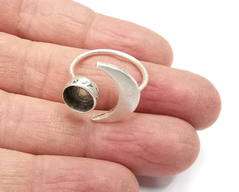 Crescent Moon Silver Ring Blank Base Bezel Settings Cabochon Base Mountings Adjustable , Antique Silver Plated Brass (8mm Blank) G27627