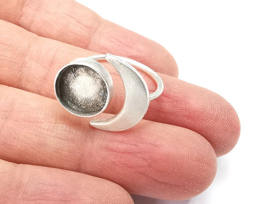 Crescent Moon Silver Ring Blank Base Bezel Settings Cabochon Base Mountings Adjustable , Antique Silver Plated Brass (12mm Blank) G27631